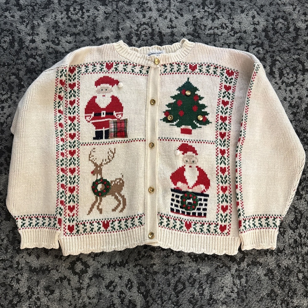 VTG Bonnie Noble Christmas Cardigan Sweater Santa Reindeer Grandmacore Cotton M
